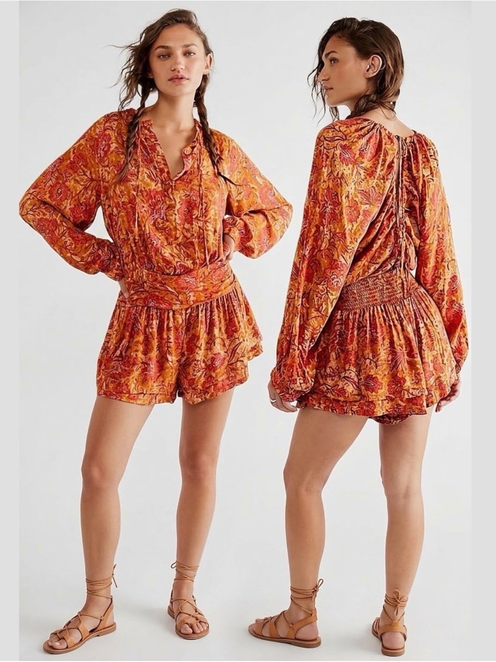NWT Free People Dance 'Til Dawn Romper Open Back Orange Pink Boho Floral Small